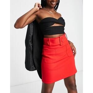 & OTHER STORIES Belted Mini Skirt Womens 6 Red A-line Patch Pockets Academia Fun